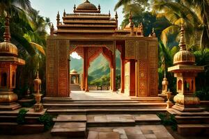 an ornate temple in the middle of a tropical forest. AI-Generated photo