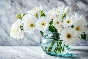 white flowers in a glass vase on a marble counter. AI-Generated photo