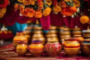 colorful pots and vases on a table with flowers. AI-Generated photo