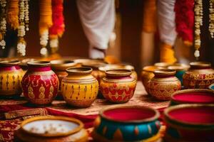 indian wedding decor with colorful pots and garlands. AI-Generated photo