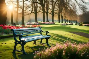 a bench in a park with flowers and trees. AI-Generated photo