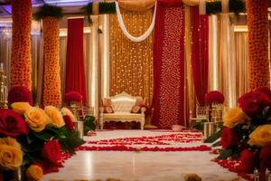 an indian wedding ceremony with red and gold decorations. AI-Generated photo