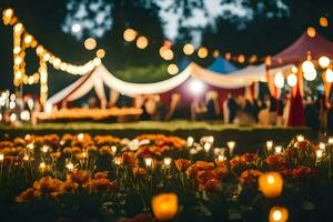 a wedding reception with lights and flowers. AI-Generated photo