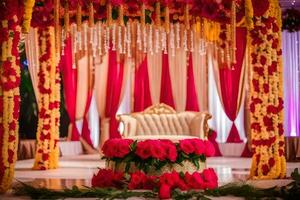 un indio Boda ceremonia con rojo y amarillo flores generado por ai foto