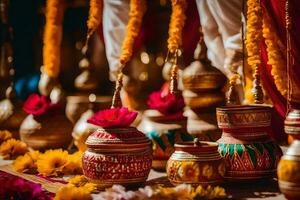 indian wedding decor with colorful pots and flowers. AI-Generated photo