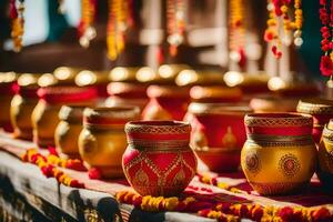 gold and red pots on display at an indian wedding. AI-Generated photo