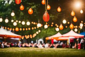 a group of people sitting under a tent with lanterns. AI-Generated photo