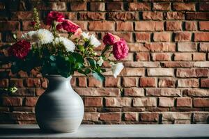 a vase with flowers on a table in front of a brick wall. AI-Generated photo