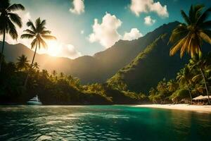 a tropical beach with palm trees and a boat. AI-Generated photo