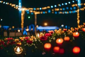 flowers and candles in the night. AI-Generated photo