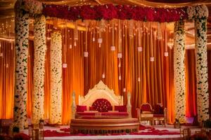 an indian wedding stage decorated with red and gold flowers. AI-Generated photo