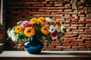 a vase of flowers sitting on a table in front of a brick wall. AI-Generated photo