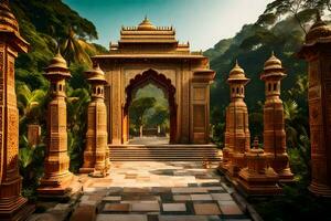 an archway in the middle of a forest. AI-Generated photo