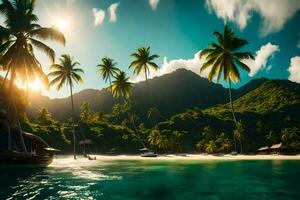 photo wallpaper the sky, palm trees, boat, the sea, the sun, the sea,. AI-Generated