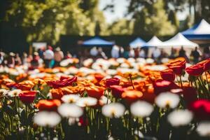 flowers in a field with people in the background. AI-Generated photo