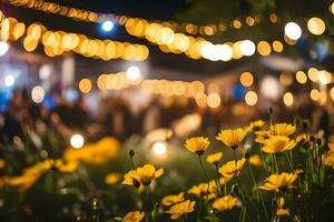 yellow flowers in the foreground with lights in the background. AI-Generated photo