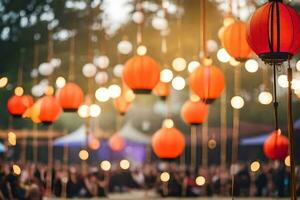 many red lanterns are hanging from the trees. AI-Generated photo