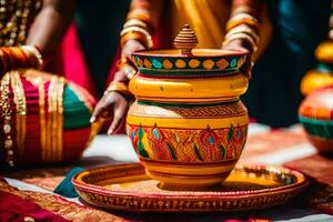 a woman is holding a pot with a colorful pot. AI-Generated photo