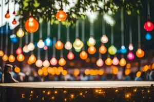 a table with many colorful lights hanging from it. AI-Generated photo