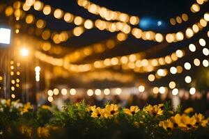 a night time view of a flower garden with lights. AI-Generated photo