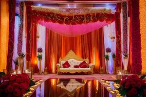 an indian wedding ceremony with red and gold decorations. AI-Generated photo