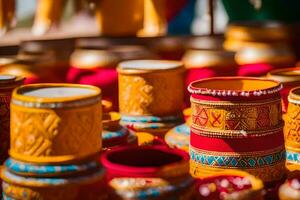 colorful pots and bowls are displayed in a market. AI-Generated photo