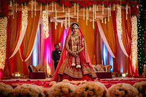 un novia en rojo y oro a su indio boda. generado por ai foto