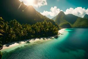 an aerial view of a tropical island with palm trees. AI-Generated photo