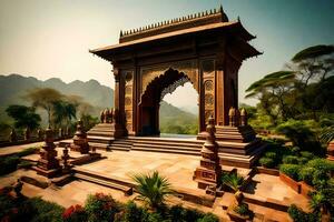 the entrance to a temple in the mountains. AI-Generated photo