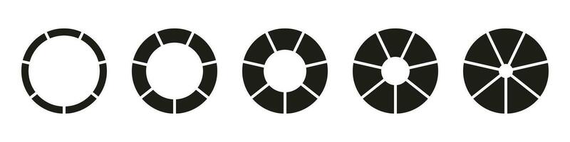 Wheels round divided in seven sections. Donut charts or pies segmented on 7 equal parts. Diagrams infographic set. Circle section graph. Pie chart icons. Vector illustration. Geometric elements.