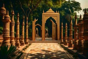 a walkway with many pillars and trees. AI-Generated photo