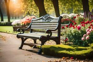 a bench in a park with flowers and trees. AI-Generated photo