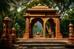 an indian temple in the jungle with a stone archway. AI-Generated photo