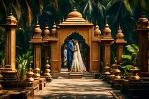 the couple is standing in front of a temple in the middle of a lush garden. AI-Generated photo