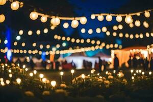 a night time photo of a wedding with string lights. AI-Generated