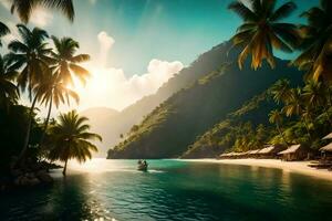 a tropical beach with palm trees and a boat. AI-Generated photo