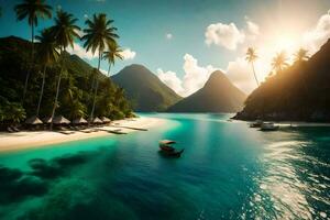 un tropical playa con palma arboles y un bote. generado por ai foto