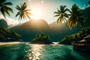 photo wallpaper the sea, water, beach, palm trees, boat, sunset, the sun,. AI-Generated