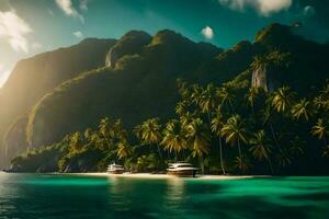 tropical isla con palma arboles y barcos en el océano. generado por ai foto