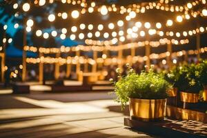 un grupo de plantas en ollas son iluminado arriba por cuerda luces. generado por ai foto