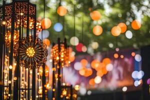 un grupo de luces colgando desde un árbol. generado por ai foto