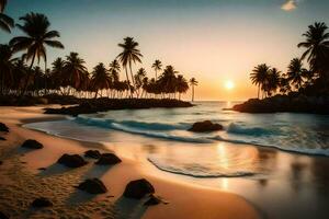 the sun sets on the beach in the caribbean. AI-Generated photo