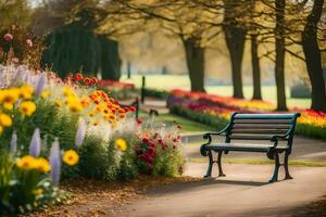 a bench sits in the middle of a flower filled path. AI-Generated photo