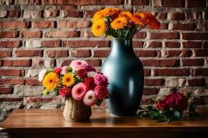 dos floreros con flores en un mesa. generado por ai foto