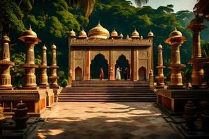 the temple is surrounded by trees and has pillars. AI-Generated photo