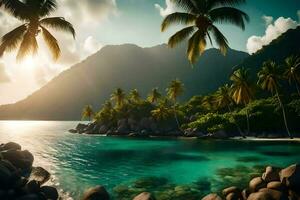 tropical beach with palm trees and rocks. AI-Generated photo