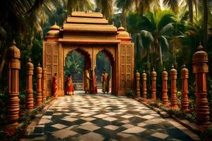 a beautiful archway in the middle of a tropical garden. AI-Generated photo