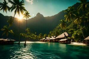 tropical island with palm trees and huts. AI-Generated photo