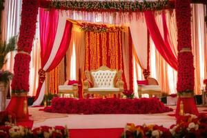 an indian wedding ceremony with red and white decorations. AI-Generated photo