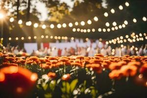 a field of red tulips with string lights in the background. AI-Generated photo